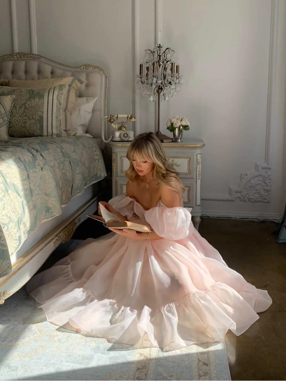 Selkie Pink Sheer French Puffy Midi Dress